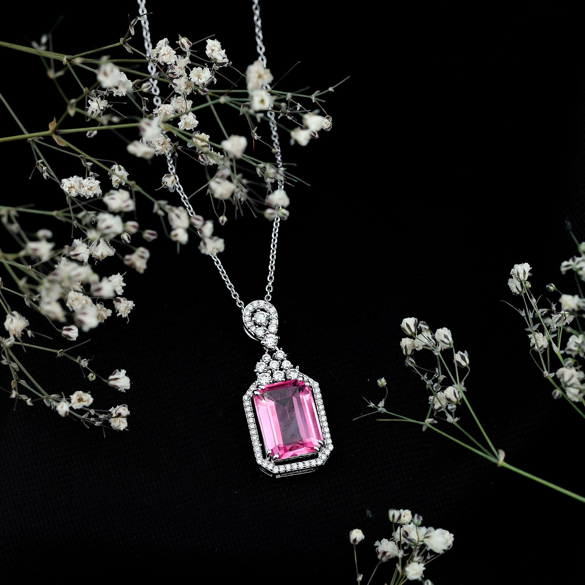 9 Carat Lab Grown Pink Sapphire Art Deco Necklace With Silver Chain
