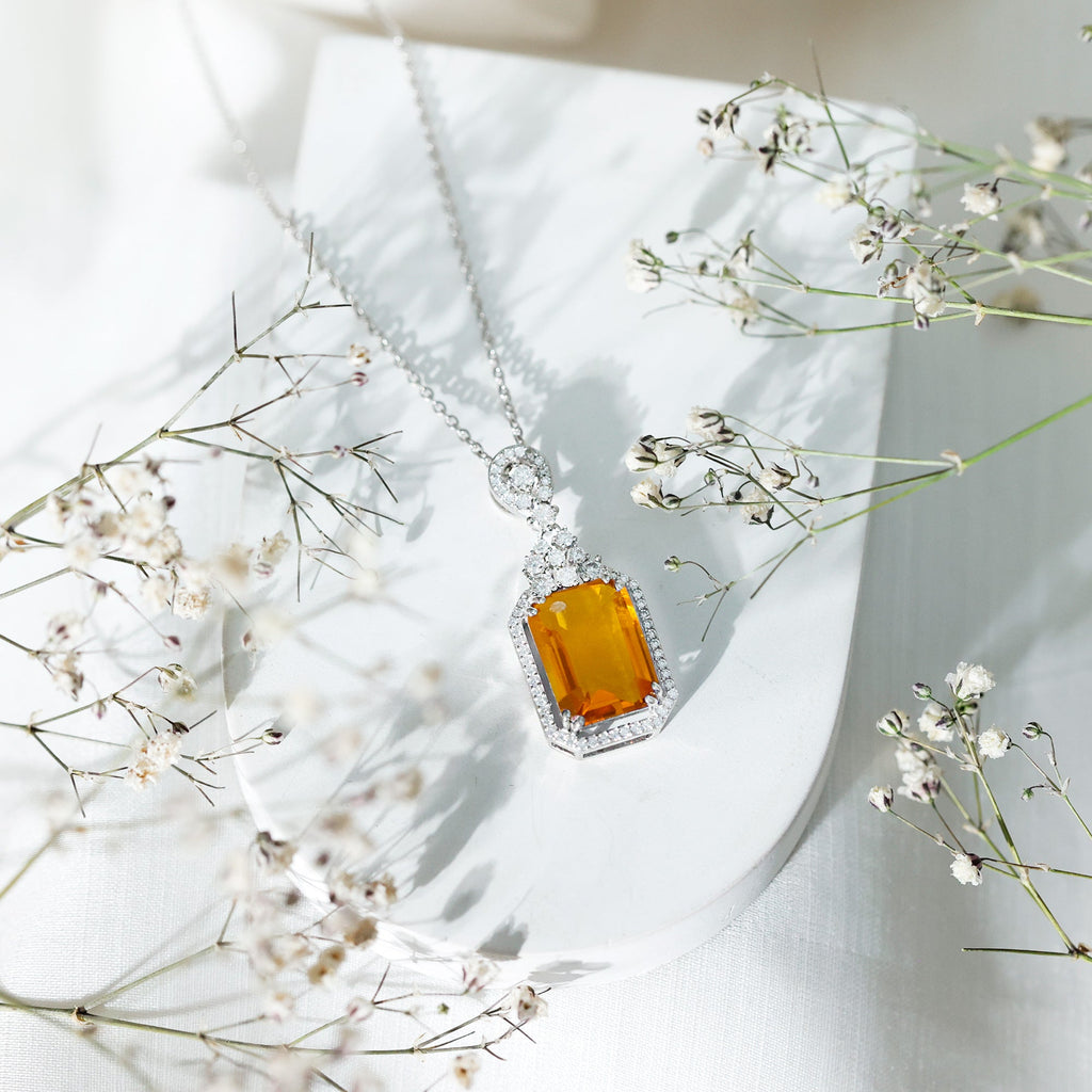 Certified 9 Carat Lab Grown Yellow Sapphire Art Deco Necklace with Moissanite
