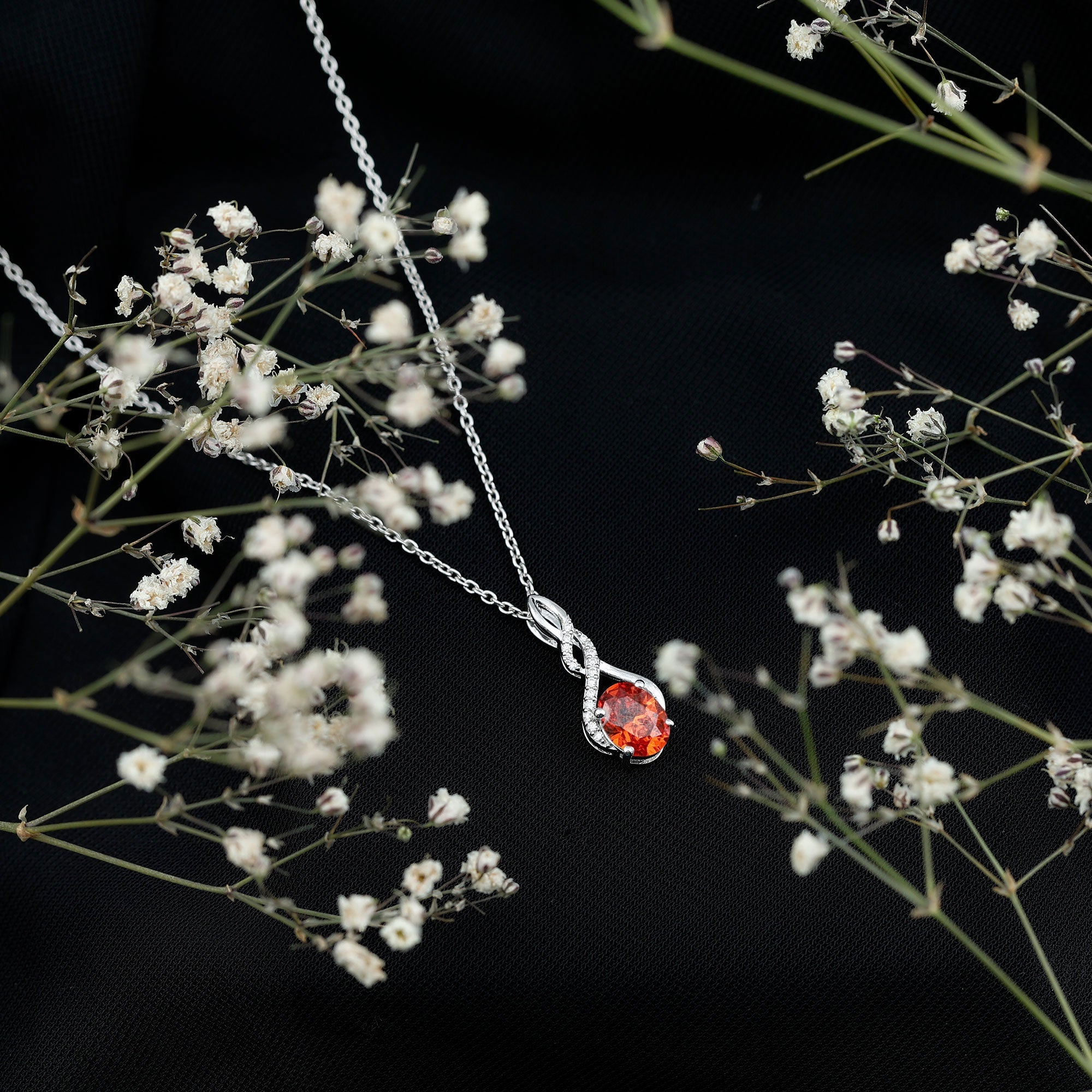 1.5 Carat Lab Grown Orange Sapphire Infinity Pendant Necklace with Moissanite