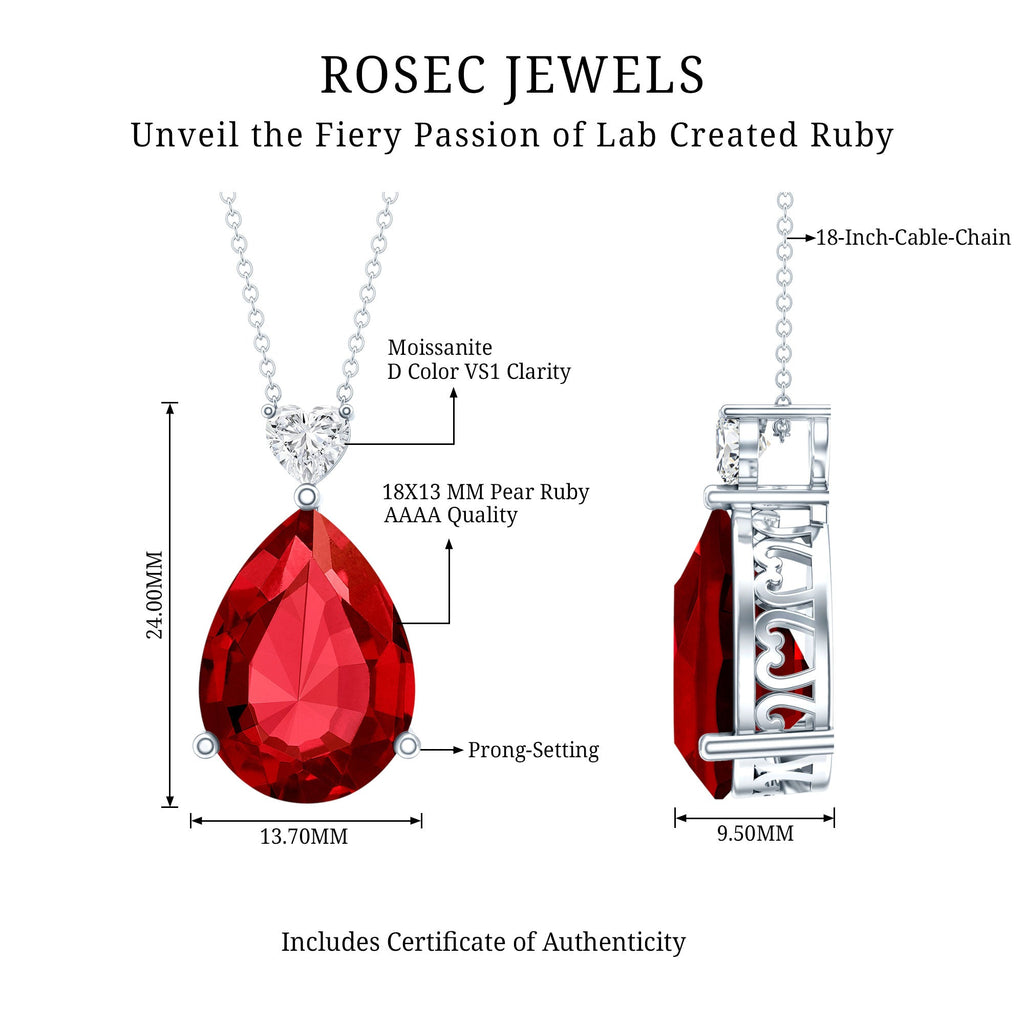 Certified 9 Carat Lab Grown Ruby Teardrop Necklace with Heart Moissanite