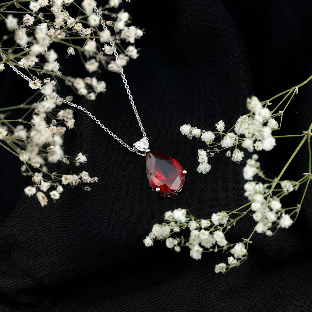 Certified 9 Carat Lab Grown Ruby Teardrop Necklace with Heart Moissanite