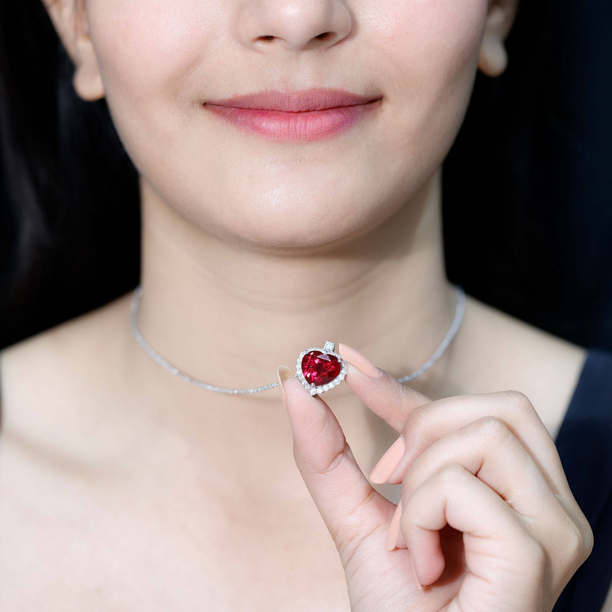 Certified 6.5 Carat Lab Grown Ruby Heart Necklace with Silver Chain