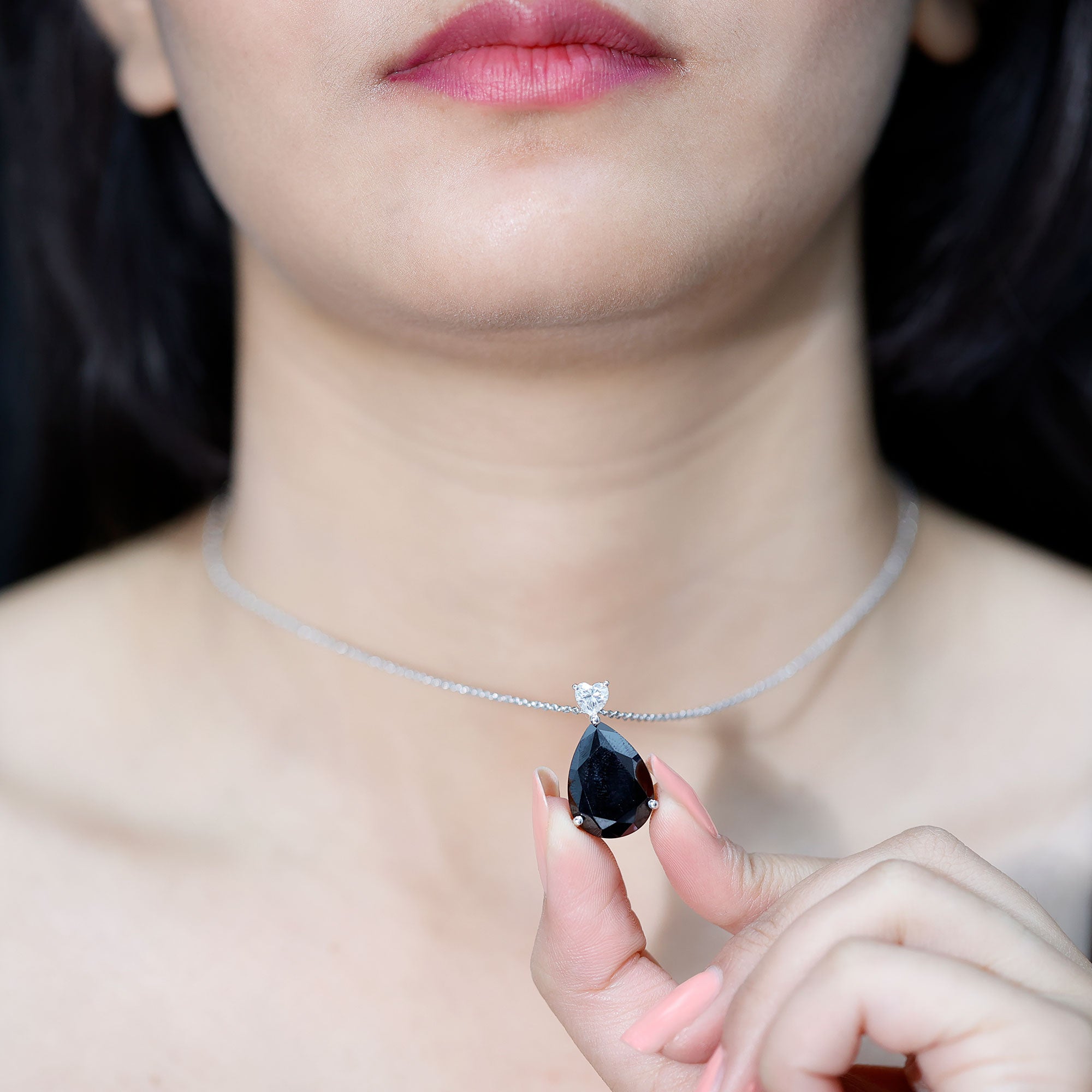 Certified 9 Carat Lab Grown Black Diamond Teardrop Necklace With Silver Chain