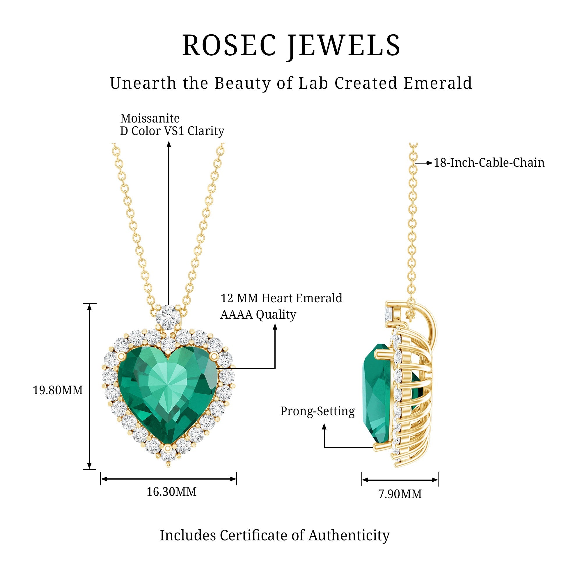 Lab Created 12 MM Emerald Moissanite Heart Pendant Necklace