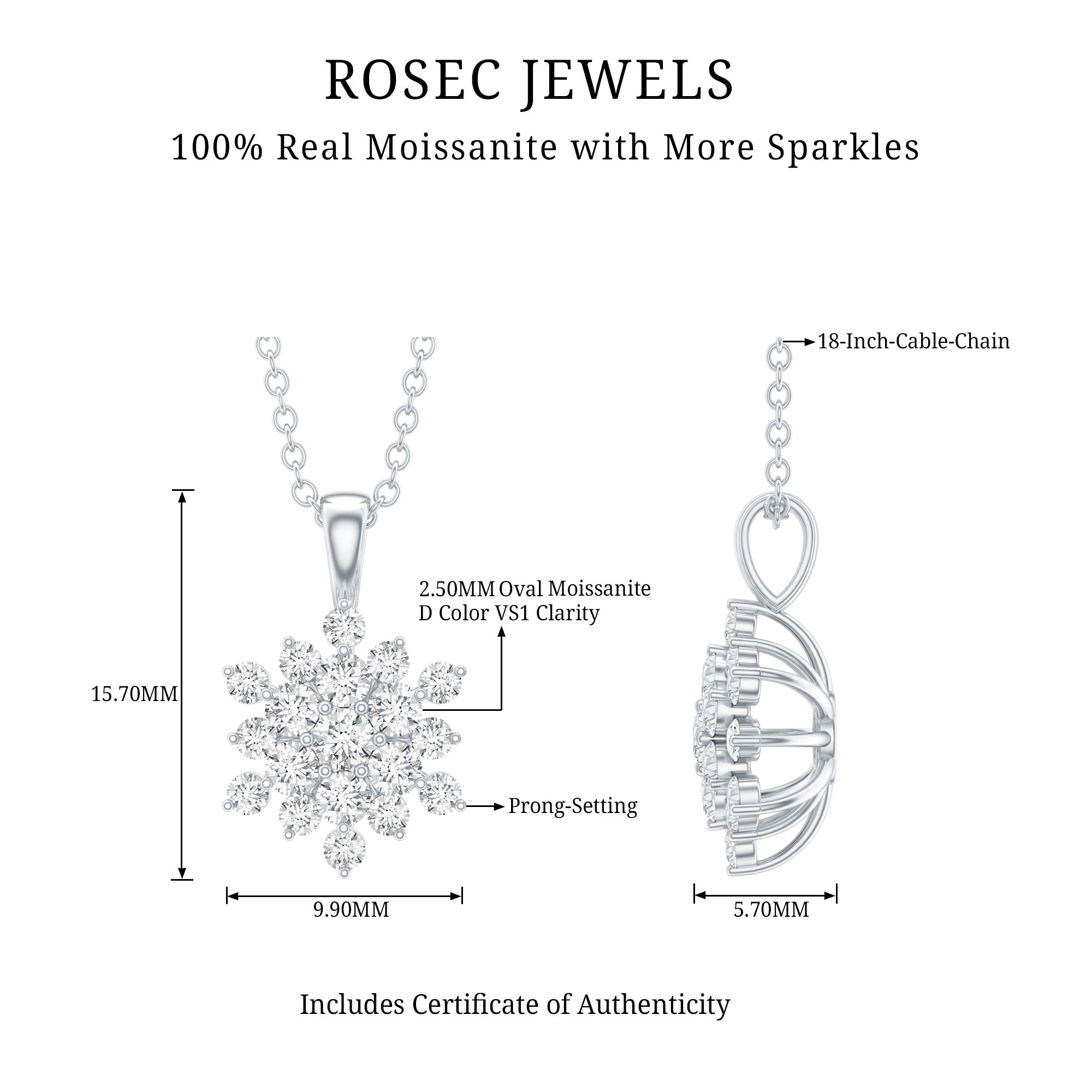 Certified Moissanite Snowflake Necklace with Silver Chain
