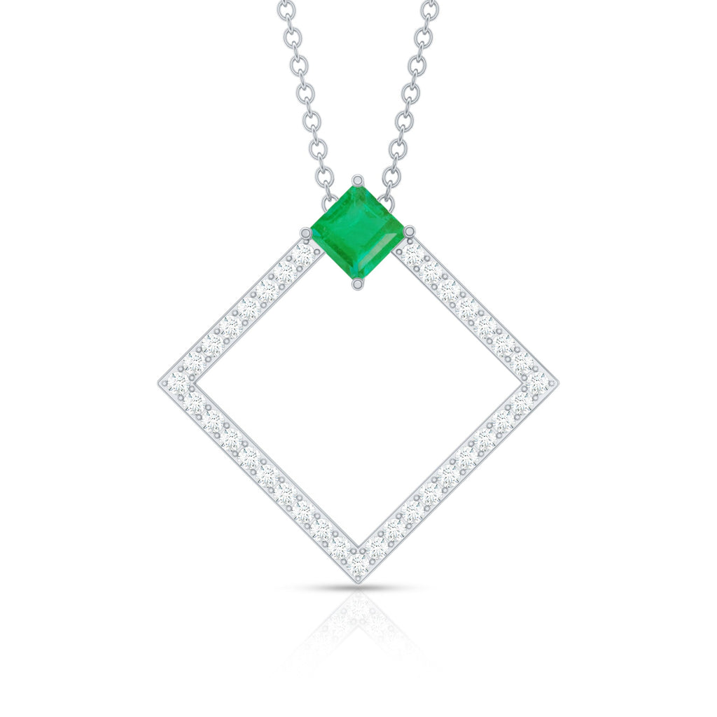 Princess Cut Emerald and Diamond Square Necklace