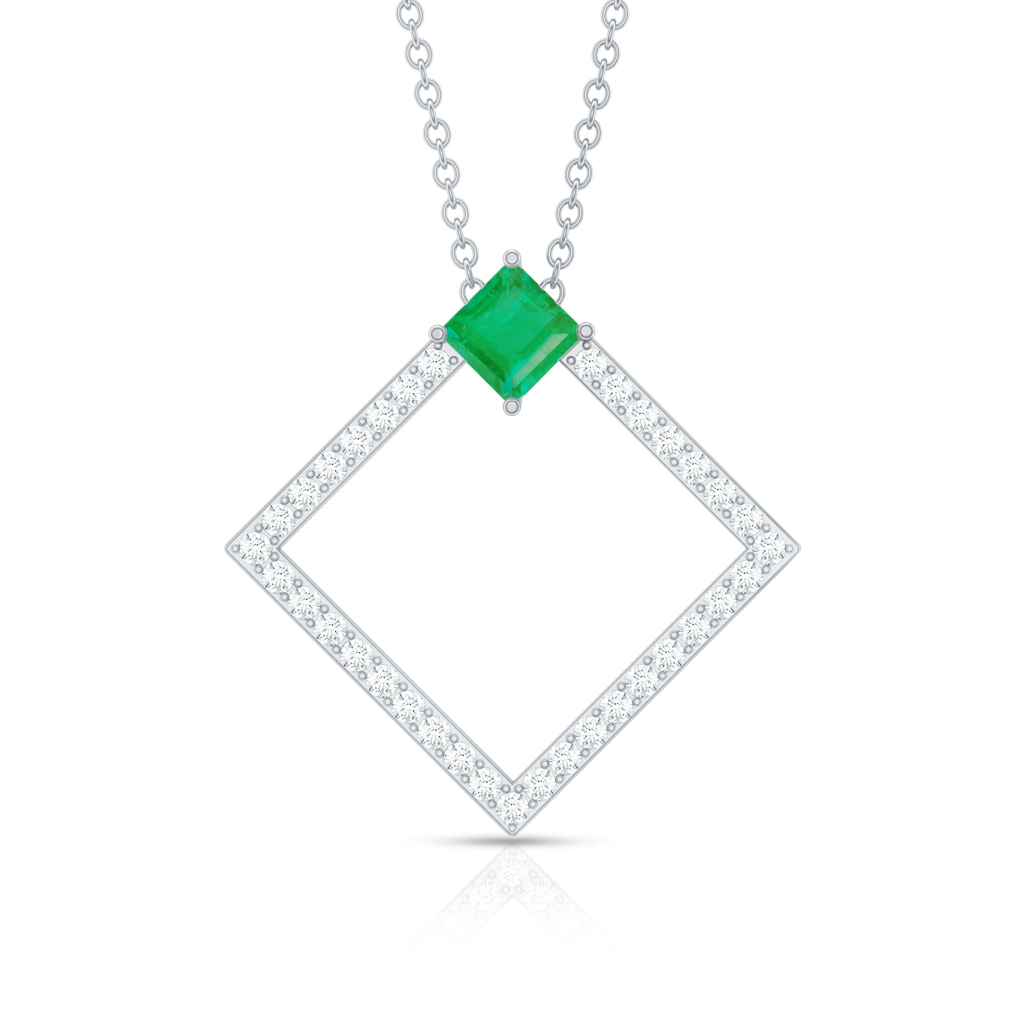 Princess Cut Emerald and Diamond Square Necklace