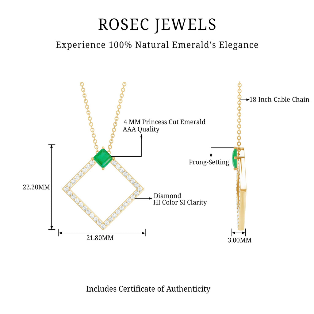 Princess Cut Emerald and Diamond Square Necklace