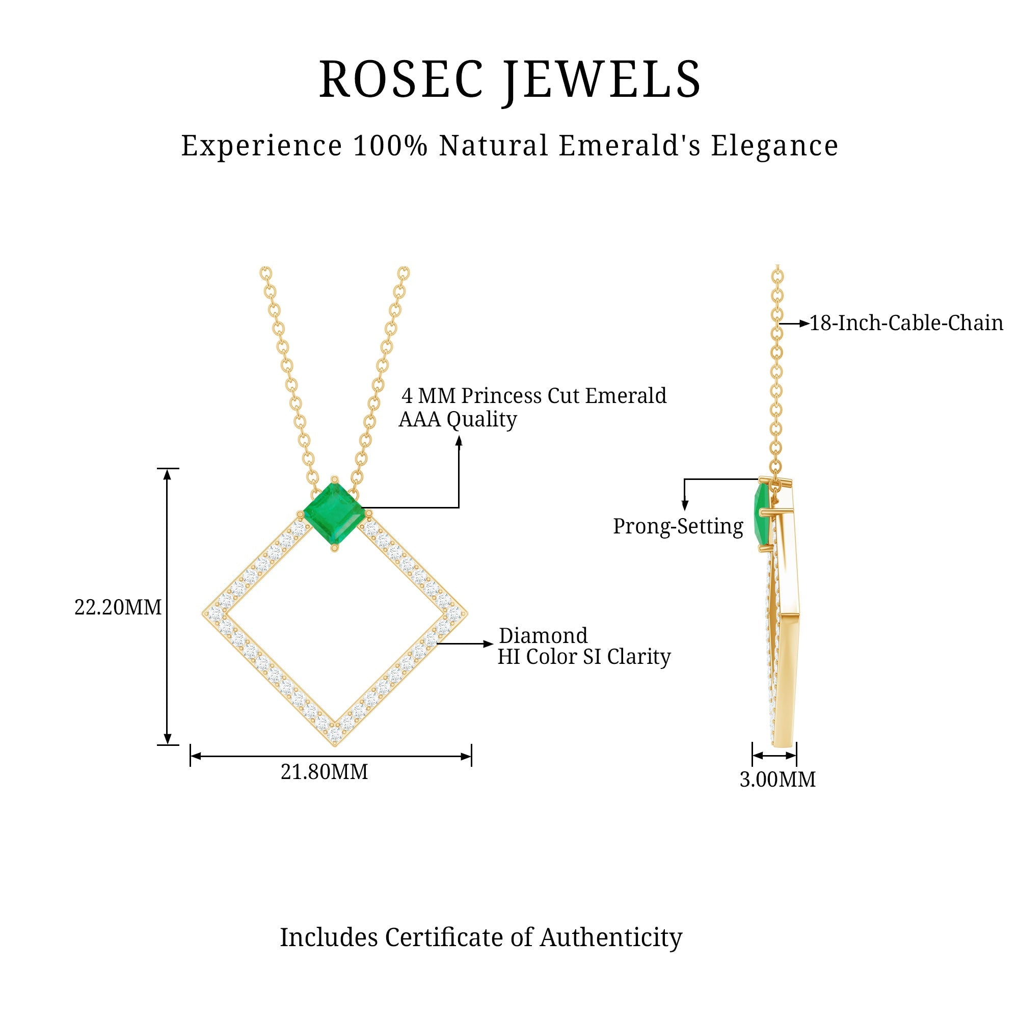 Princess Cut Emerald and Diamond Square Necklace