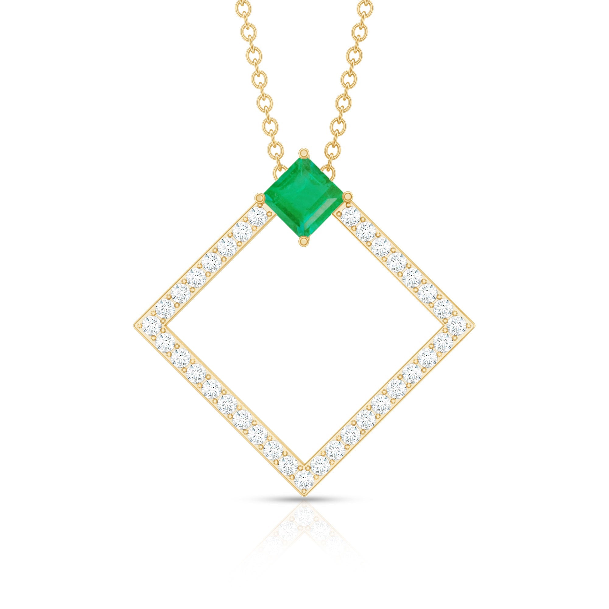 Princess Cut Emerald and Diamond Square Necklace