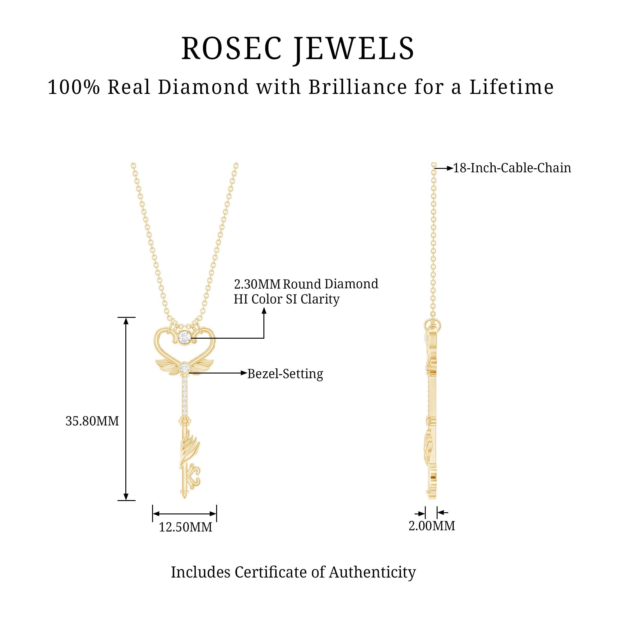 Diamond Key Necklace with Angel Wings