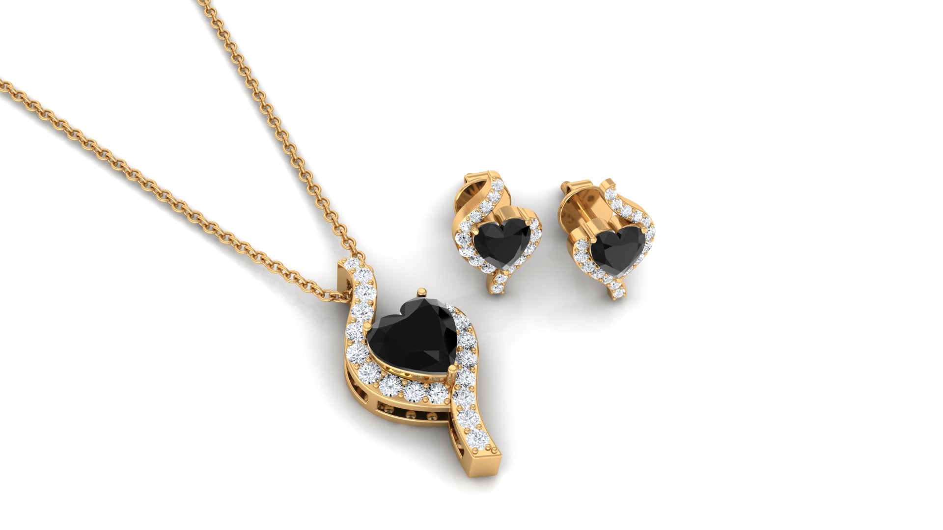 Real Black Onyx Heart Pendant Necklace and Earrings Set with Diamond