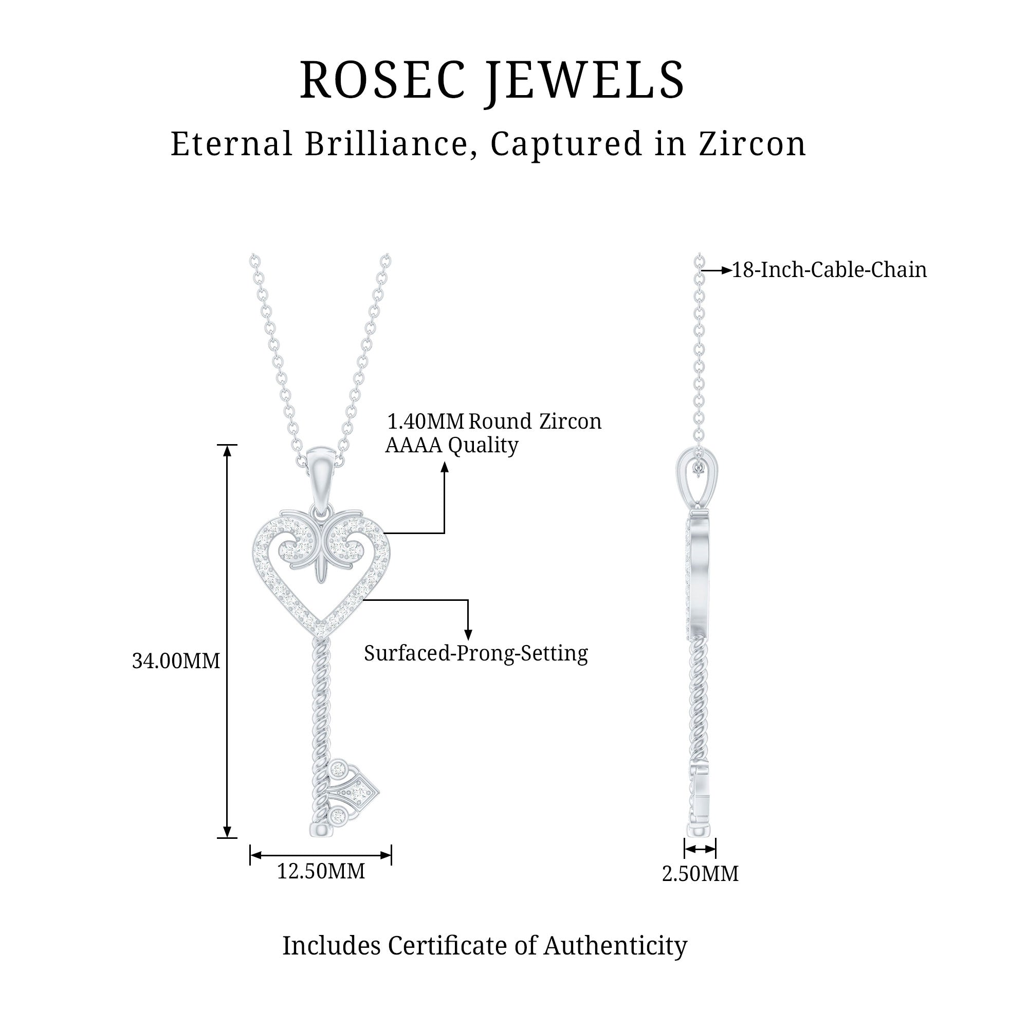 Cubic Zirconia Vintage Inspired Heart Key Pendant Necklace