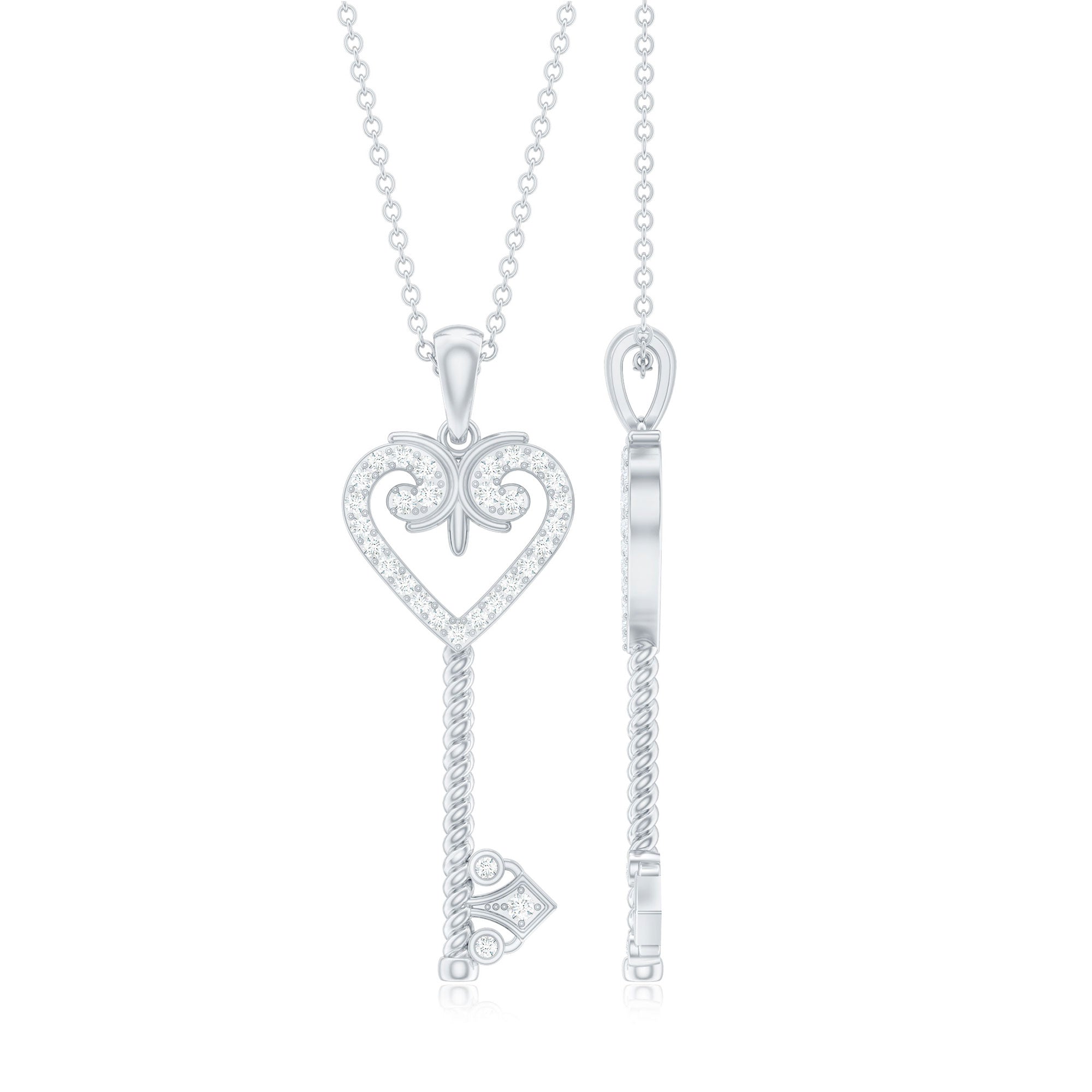 Cubic Zirconia Vintage Inspired Heart Key Pendant Necklace