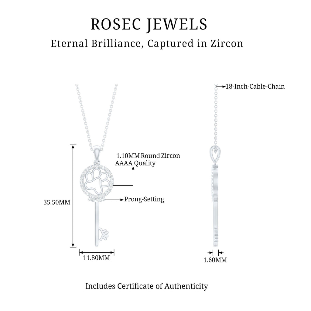 Certified Cubic Zirconia Key Pendant Necklace with Paw Motif