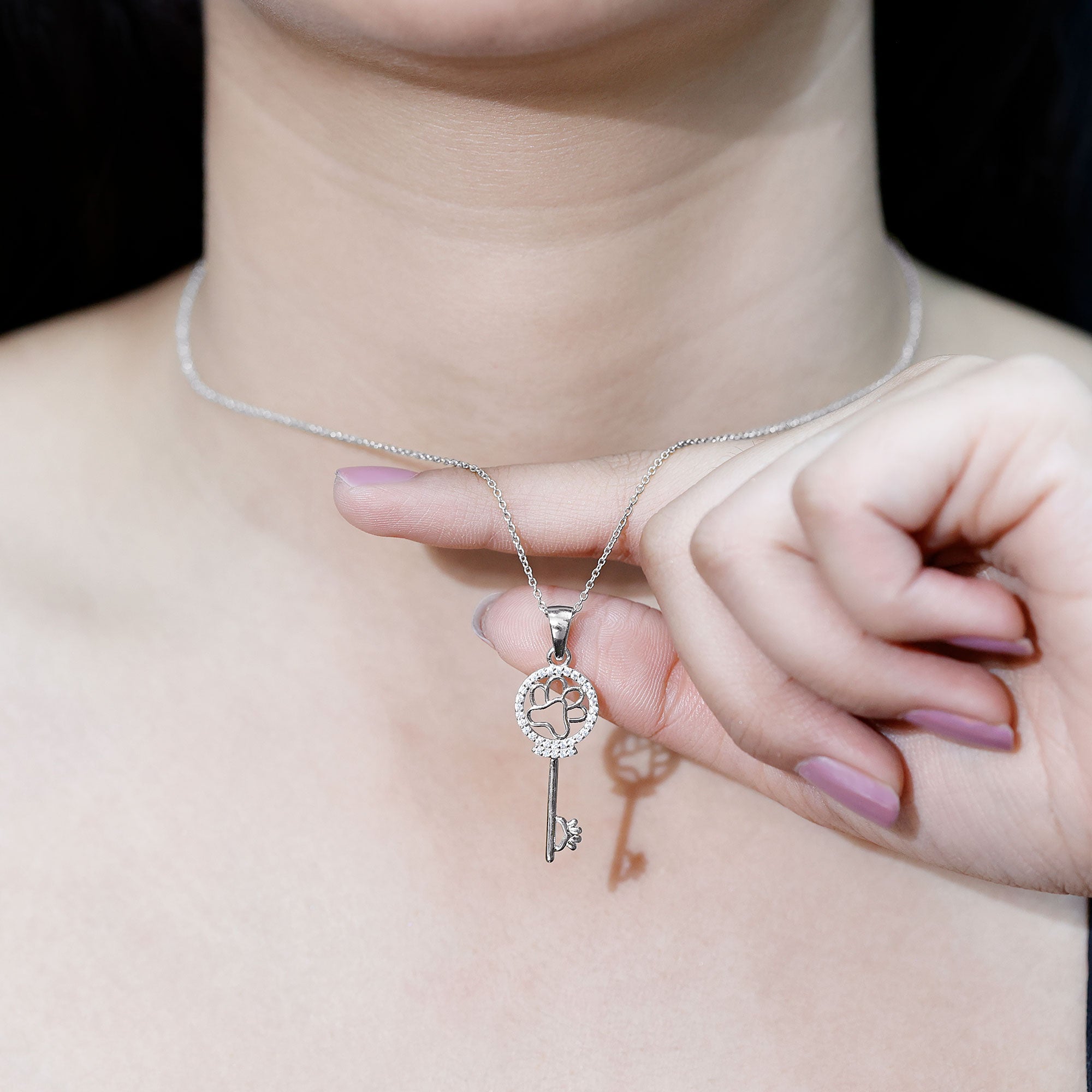 Certified Cubic Zirconia Key Pendant Necklace with Paw Motif