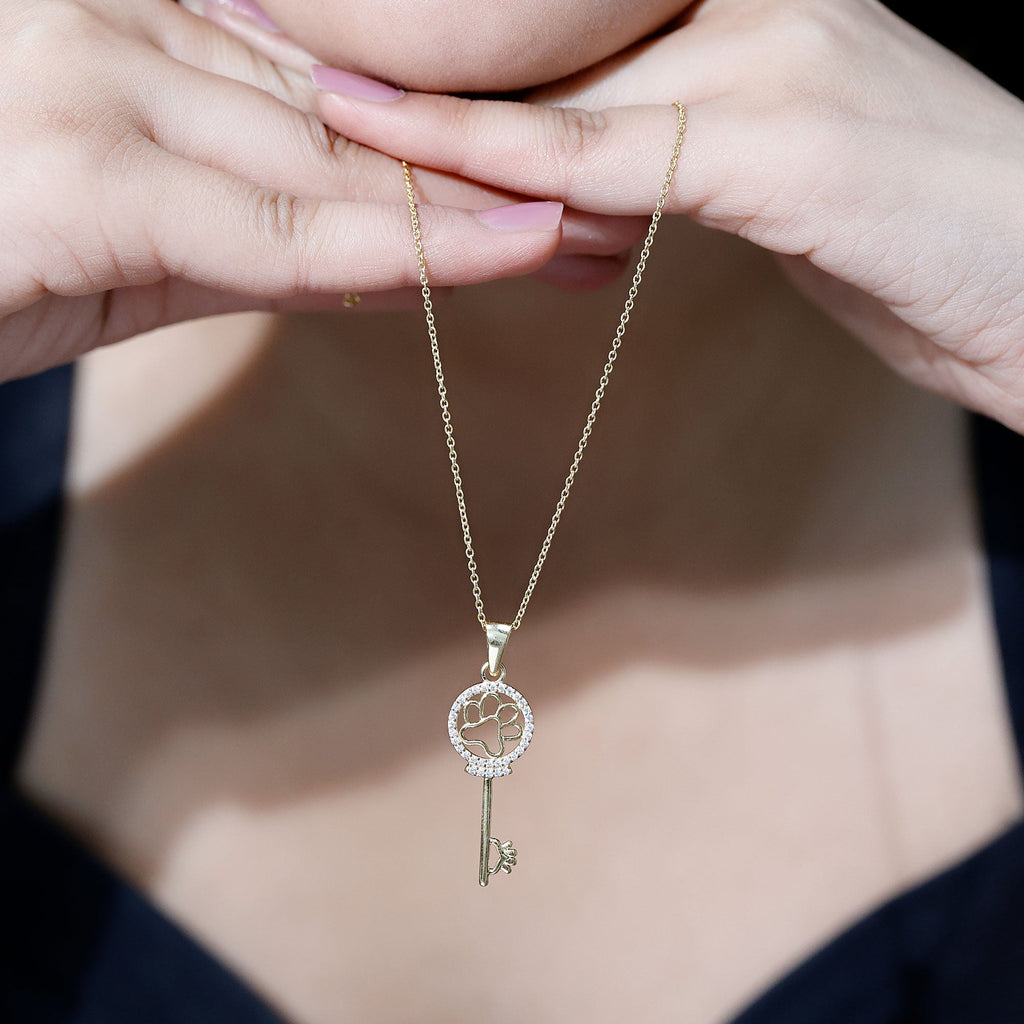 Certified Cubic Zirconia Key Pendant Necklace with Paw Motif
