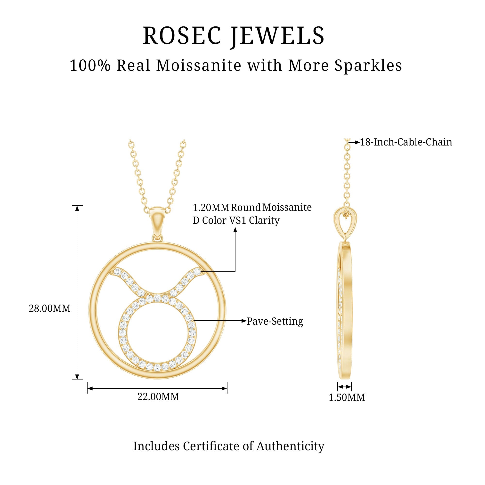 Certified Moissanite Taurus Zodiac Sign Pendant Necklace