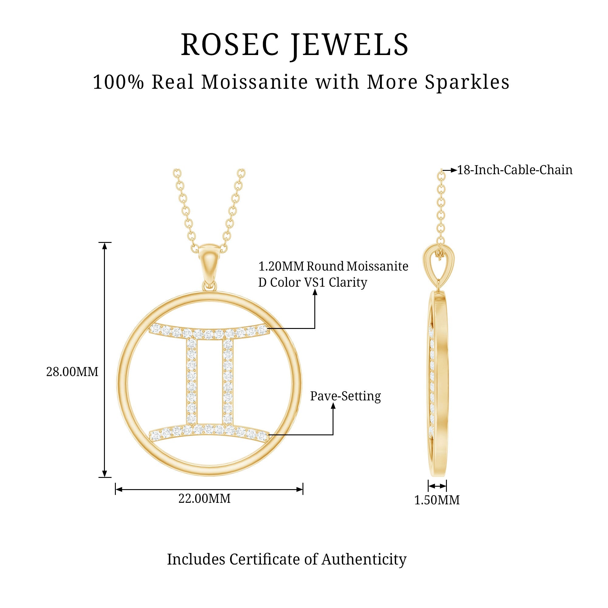 Certified Moissanite Gemini Zodiac Sign Pendant Necklace