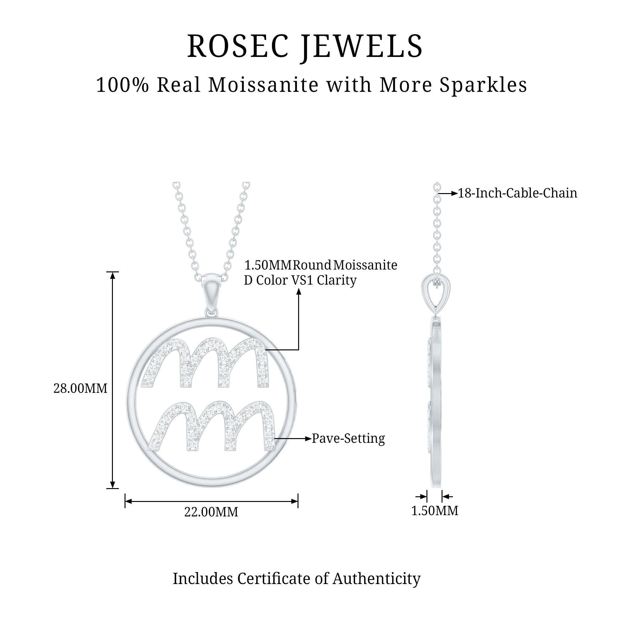 Certified Moissanite Zodiac Aquarius Pendant Necklace
