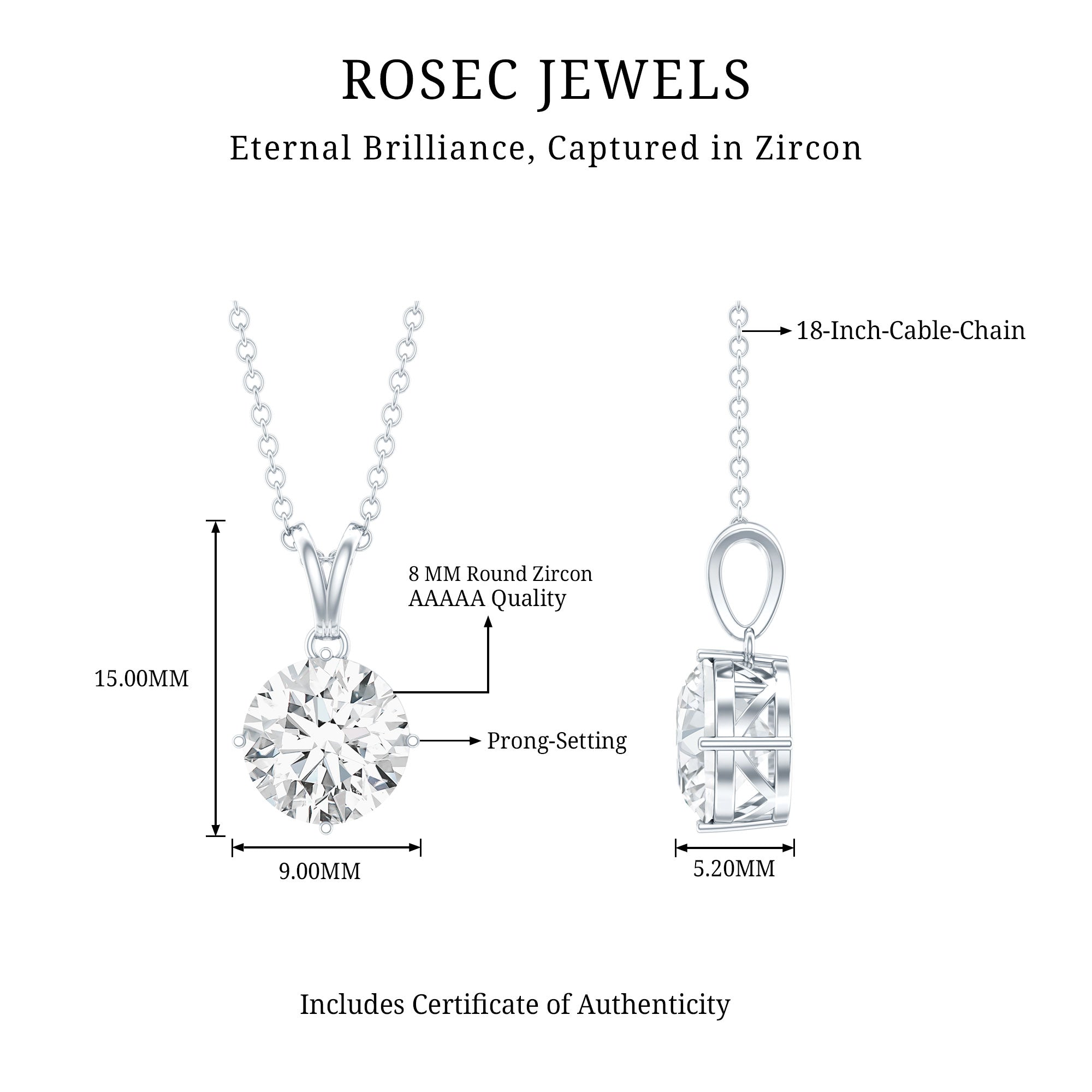 2 Carat Round Cubic Zirconia Solitaire Pendant Necklace