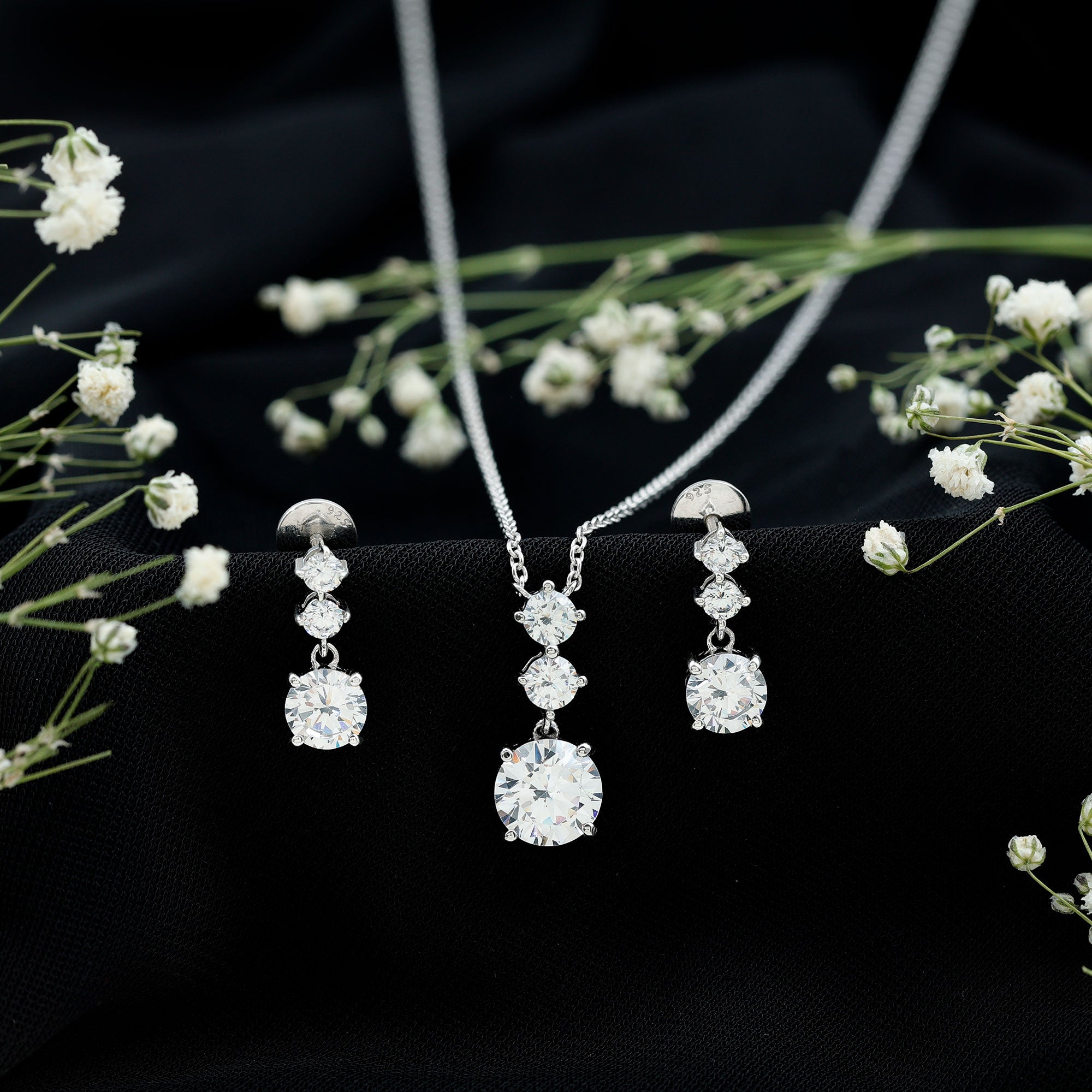 Certified Cubic Zirconia Bridal Necklace and Earrings Set in Silver