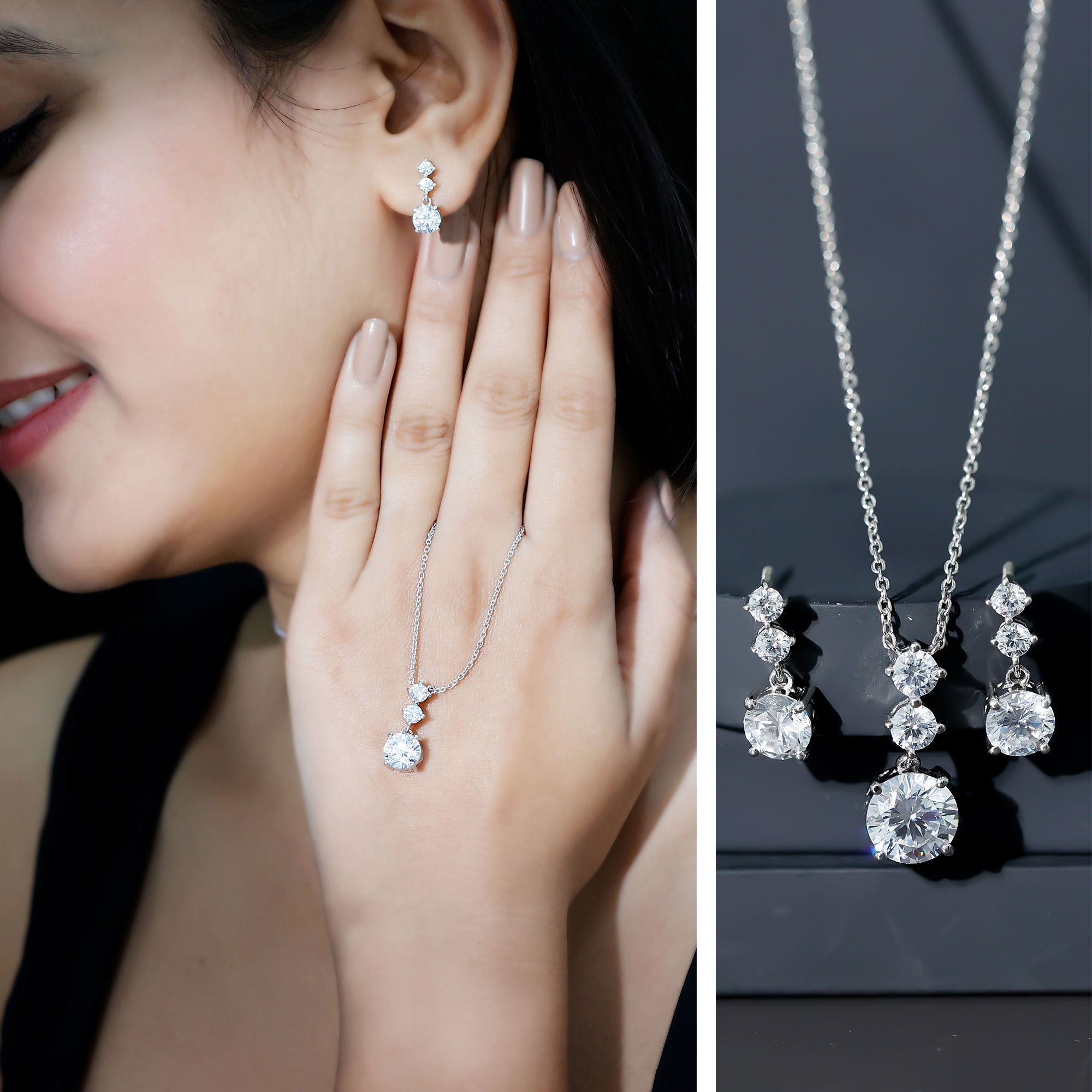 Certified Cubic Zirconia Bridal Necklace and Earrings Set in Silver