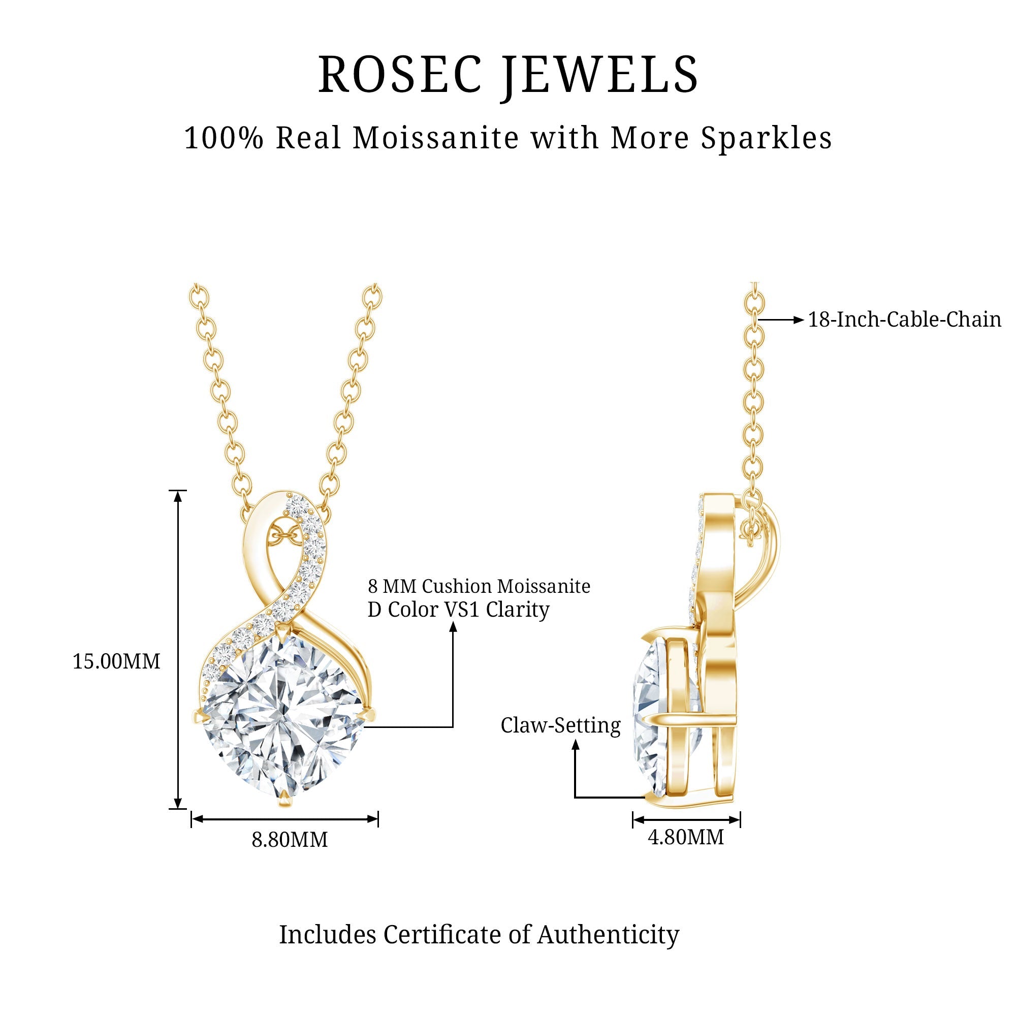 Yellow Gold Plated Silver 3.15 Carat Cushion Cut Moissanite Infinity Necklace