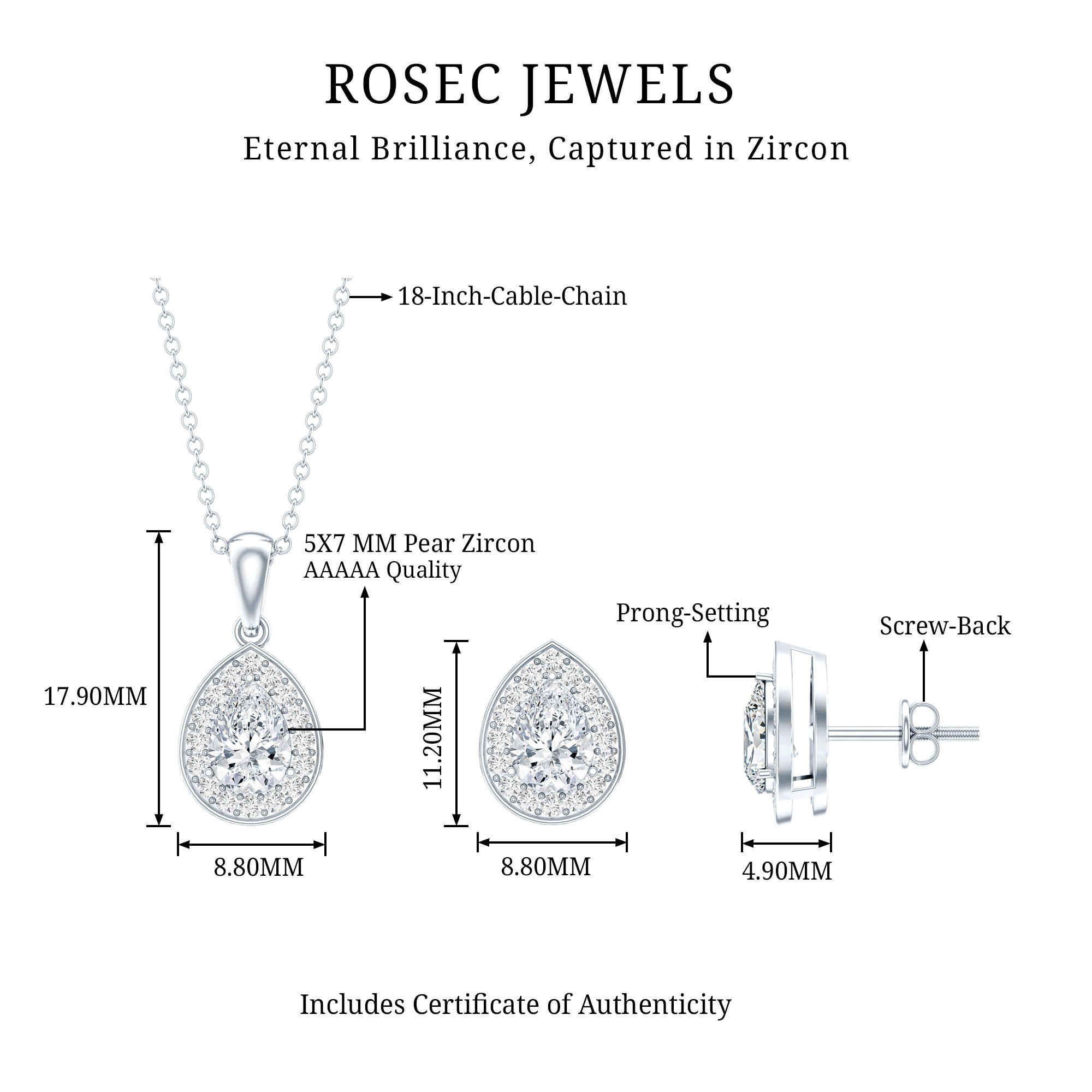 Certified CZ Diamond Teardrop Necklace and Earrings Set for Women