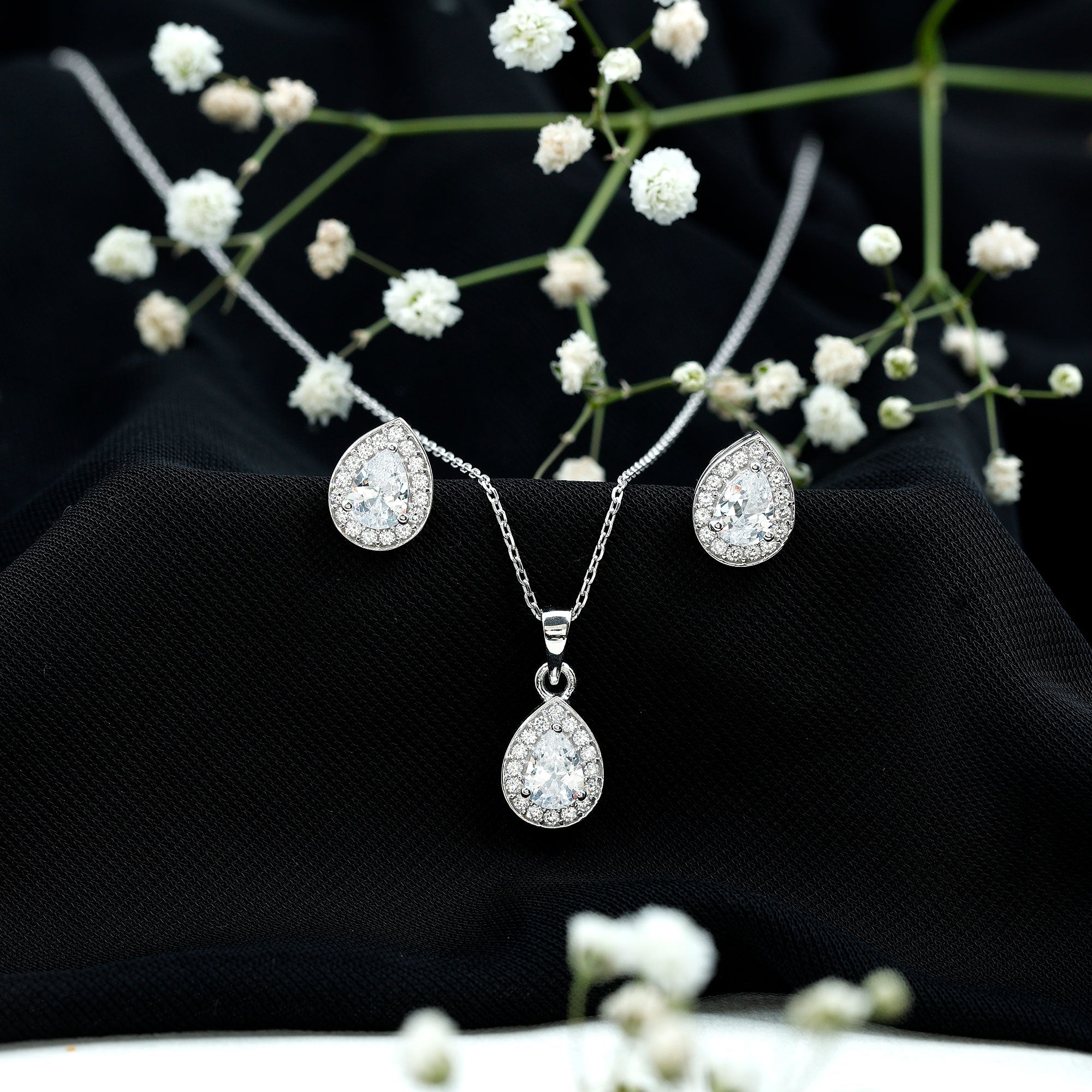 Certified CZ Diamond Teardrop Necklace and Earrings Set for Women