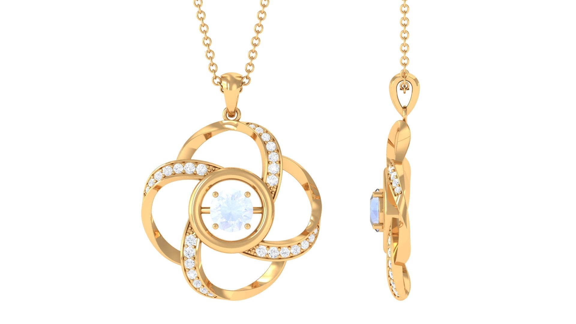 Modern Flower Pendant with Round Moonstone and Diamond