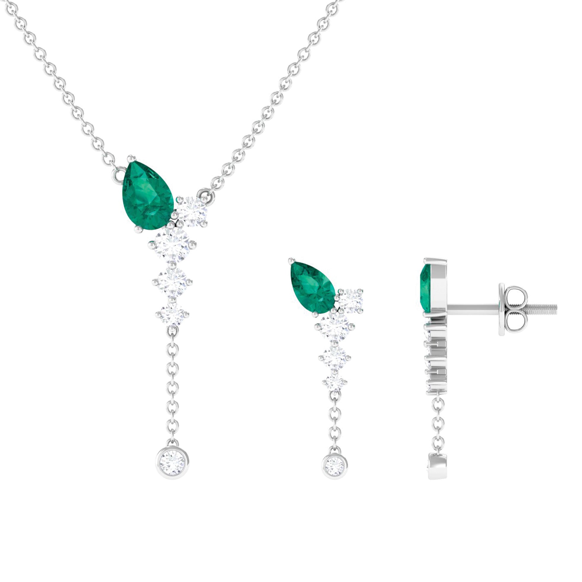 Natural Emerald Y Necklace and Earrings Set with Diamond