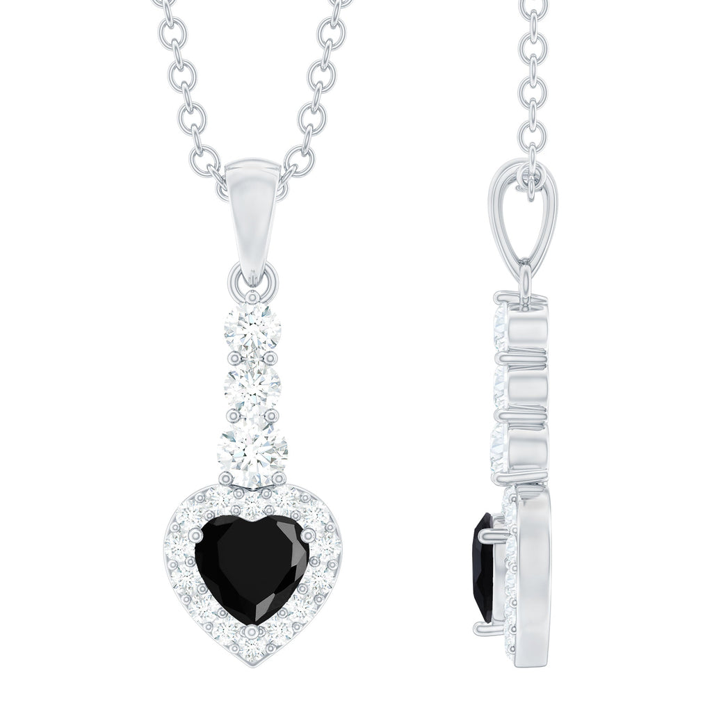 Natural Black Spinel Heart Pendant Necklace with Diamond Halo