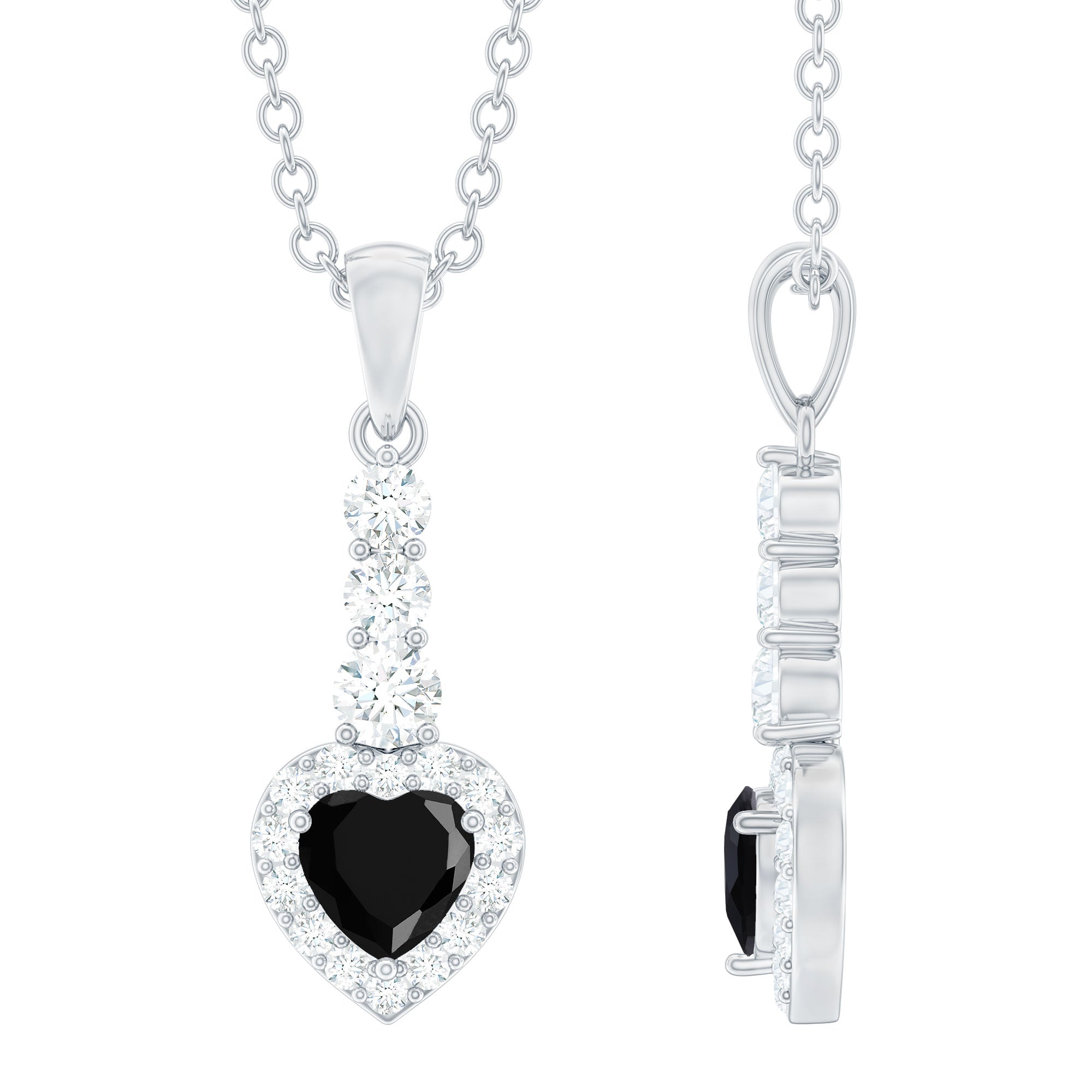 Natural Black Spinel Heart Pendant Necklace with Diamond Halo