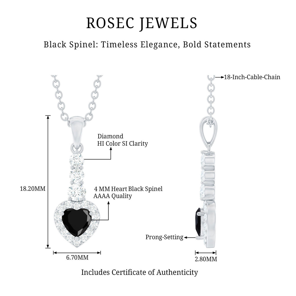 Natural Black Spinel Heart Pendant Necklace with Diamond Halo
