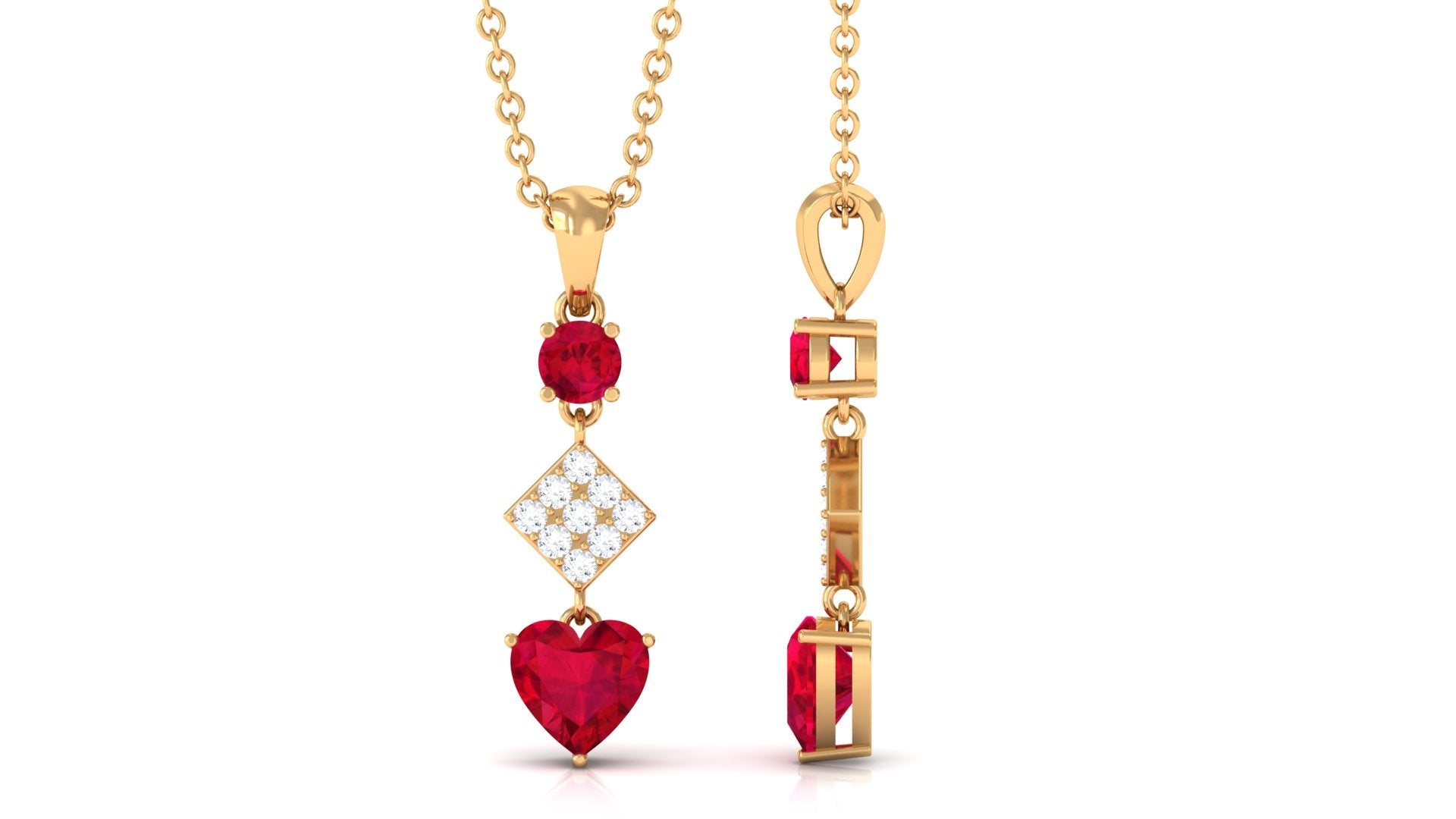 Round and Heart Shape Created Ruby Dangle Pendant with Diamond