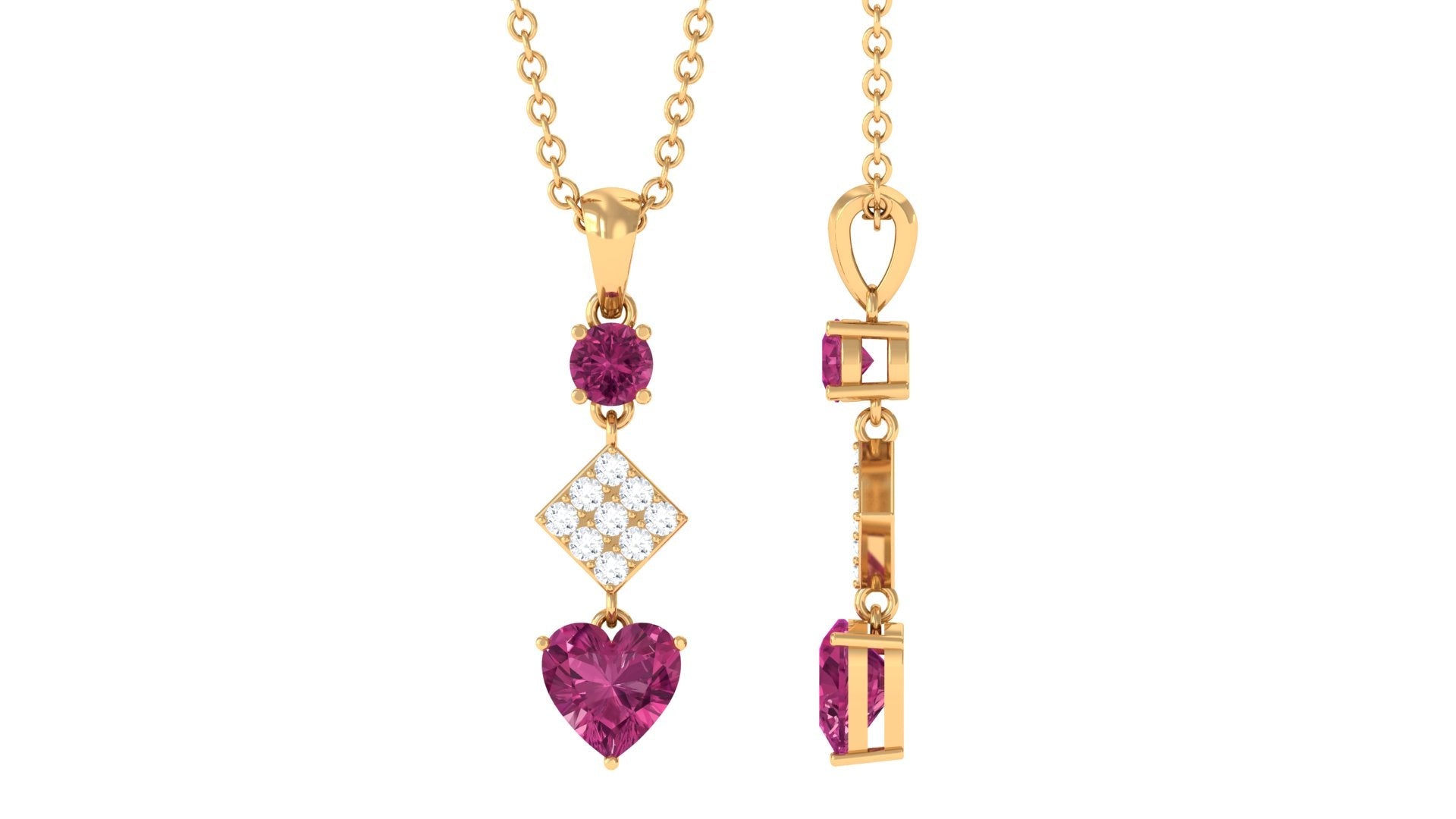 Round and Heart Shape Pink Tourmaline Dangle Pendant with Diamond