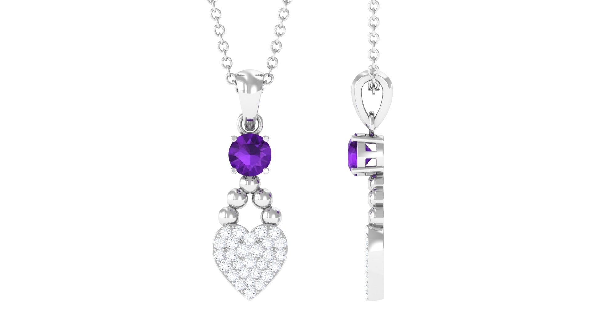 Natural Amethyst Diamond Heart Drop Pendant Necklace with Chain