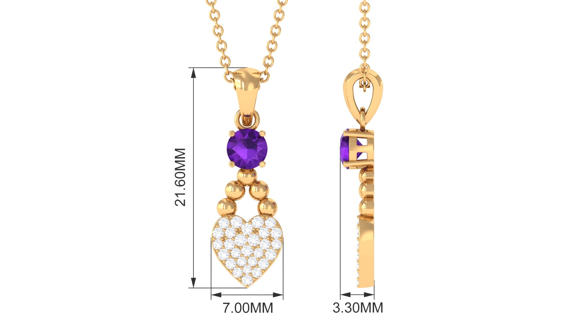 Natural Amethyst Diamond Heart Drop Pendant Necklace with Chain