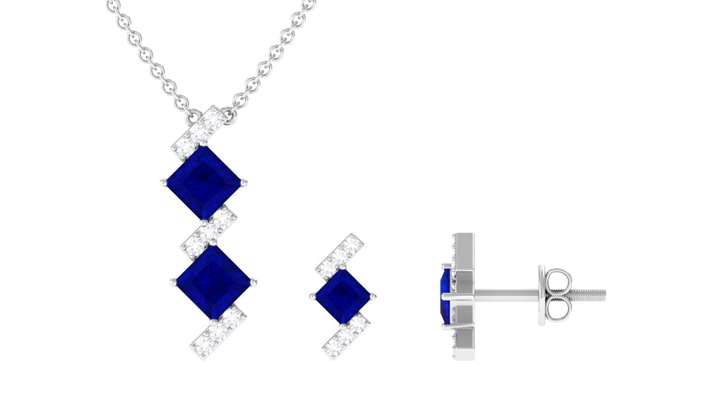 Princess Cut Created Blue Sapphire Modern Jewelry Set with Diamond