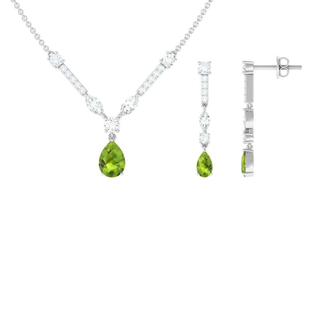 Pear Shaped Peridot and Moissanite Bridal Necklace Earrings Set