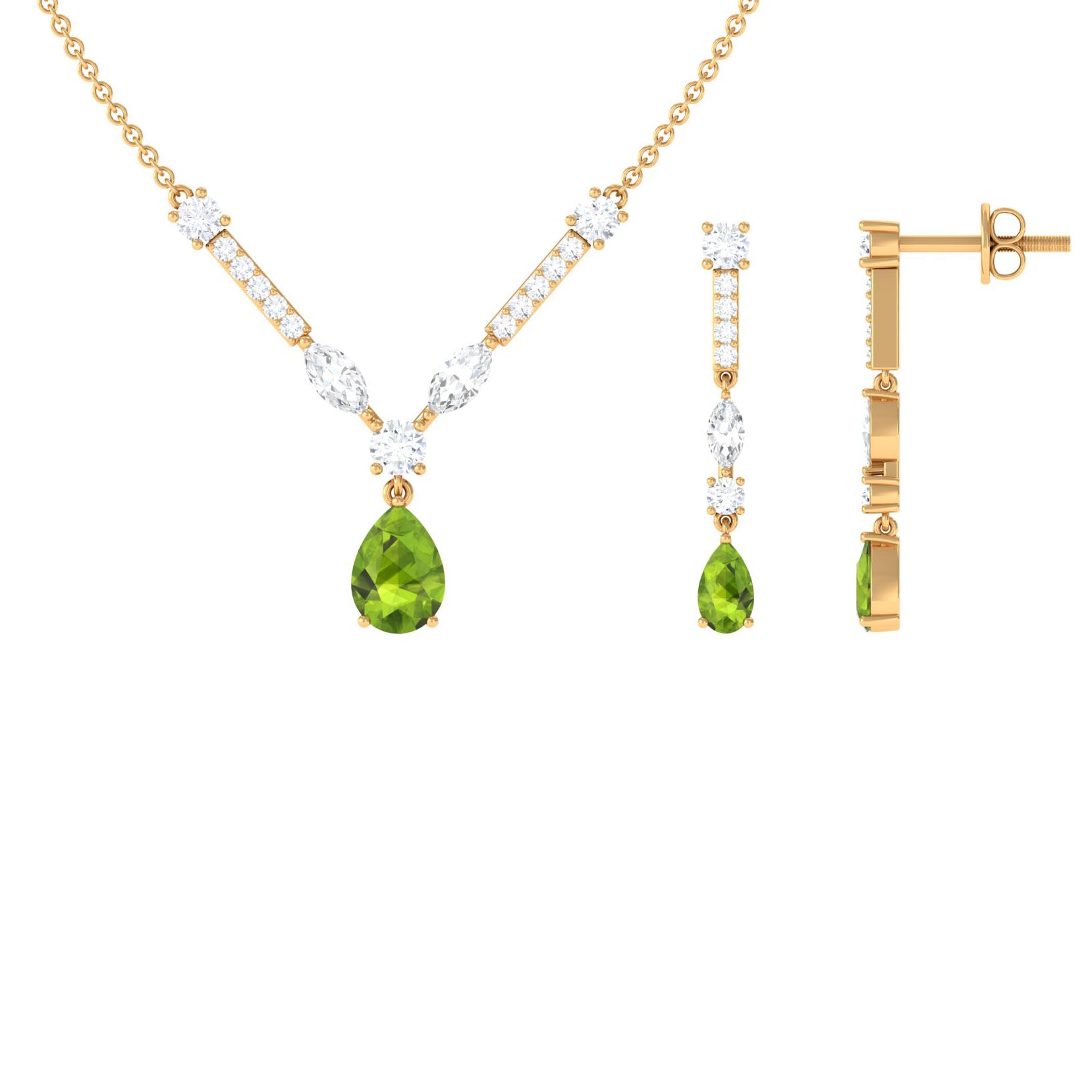 Pear Shaped Peridot and Moissanite Bridal Necklace Earrings Set