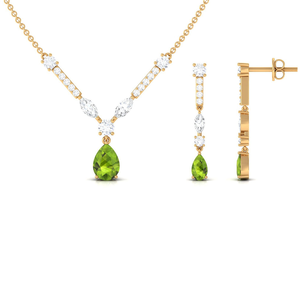 Pear Shaped Peridot and Moissanite Bridal Necklace Earrings Set