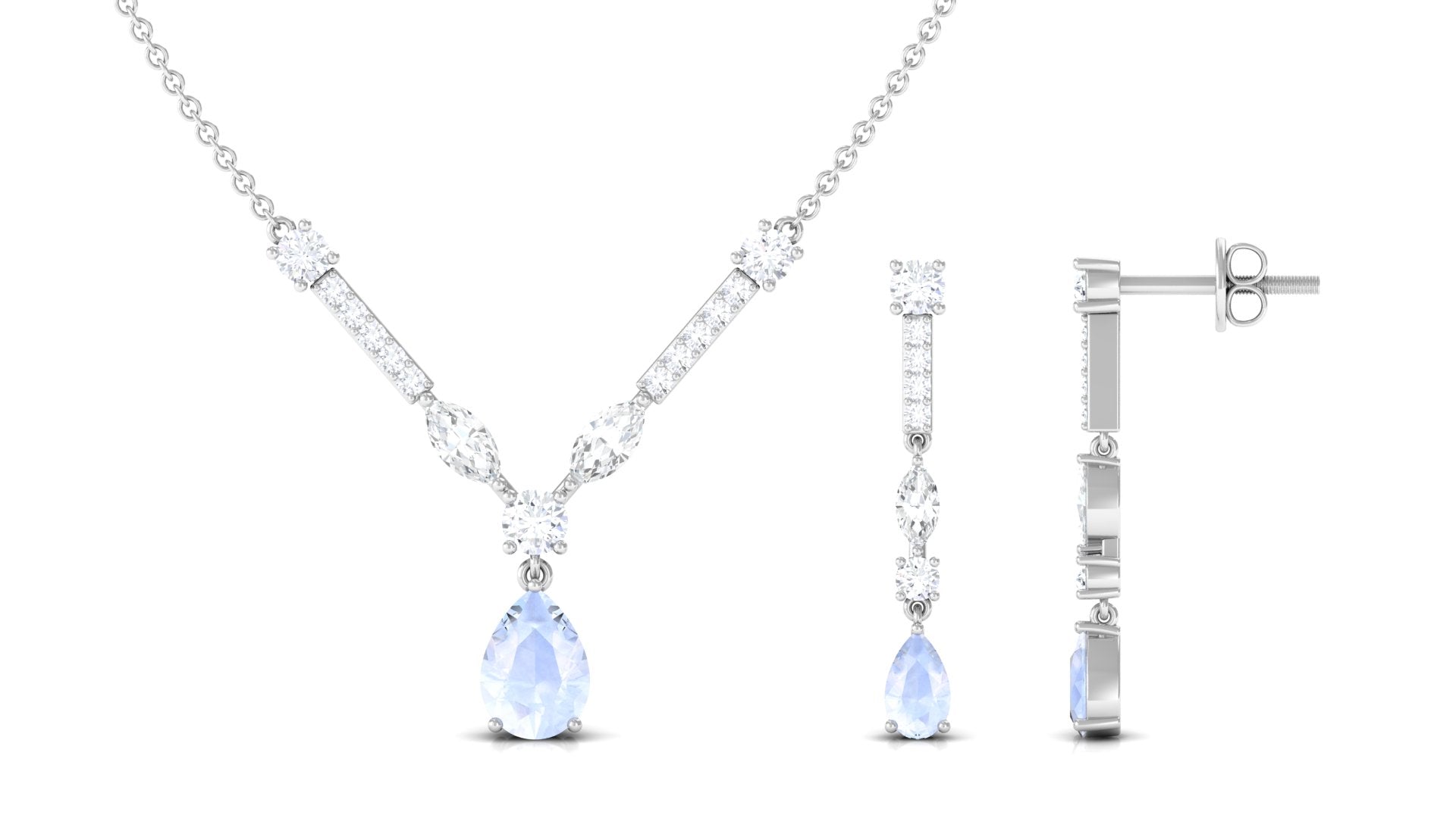 Pear Shape Moonstone and Moissanite Drop Necklace and Earrings