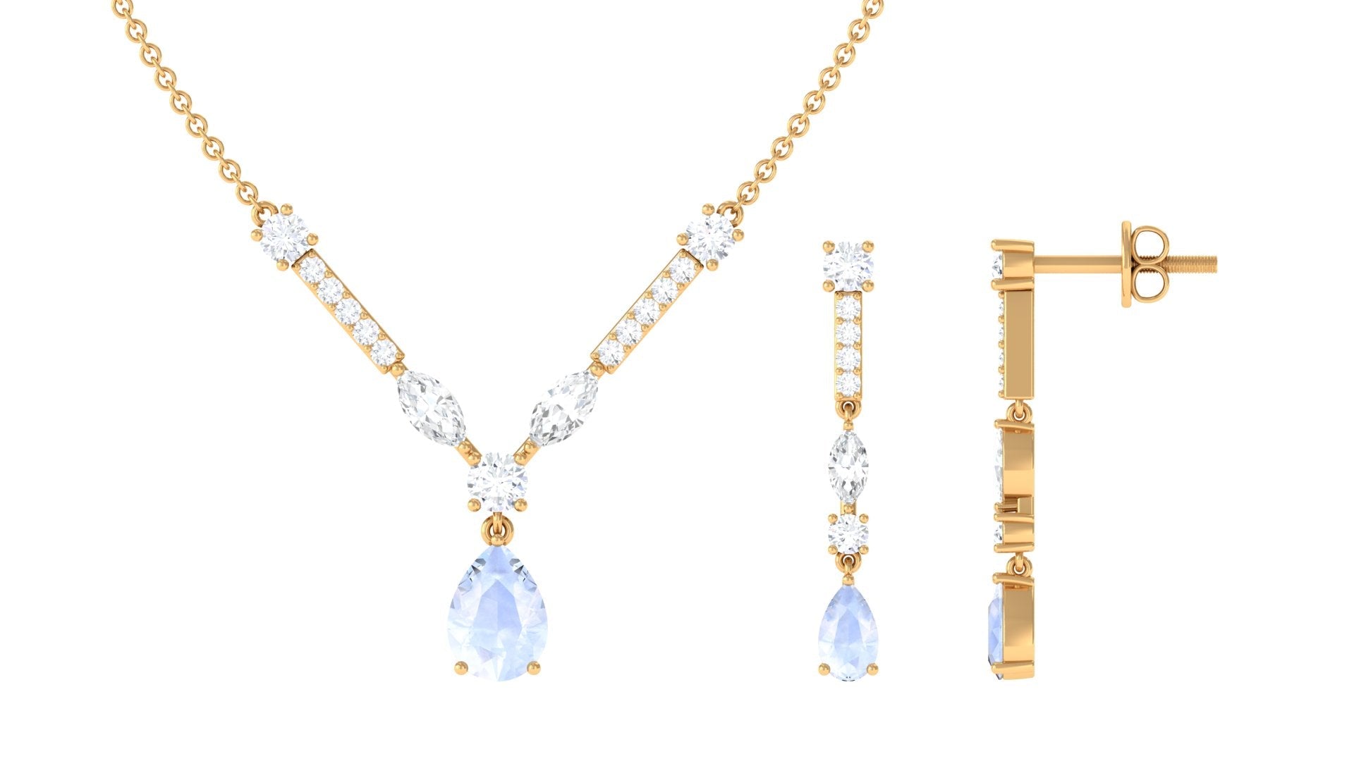 Pear Shape Moonstone and Moissanite Drop Necklace and Earrings
