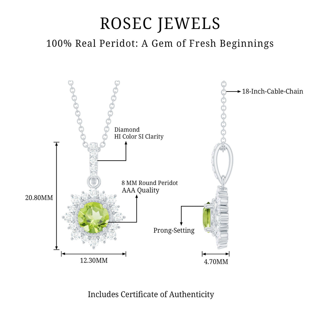 2 Carat Round Cut Peridot Halo Necklace with Diamond Bail