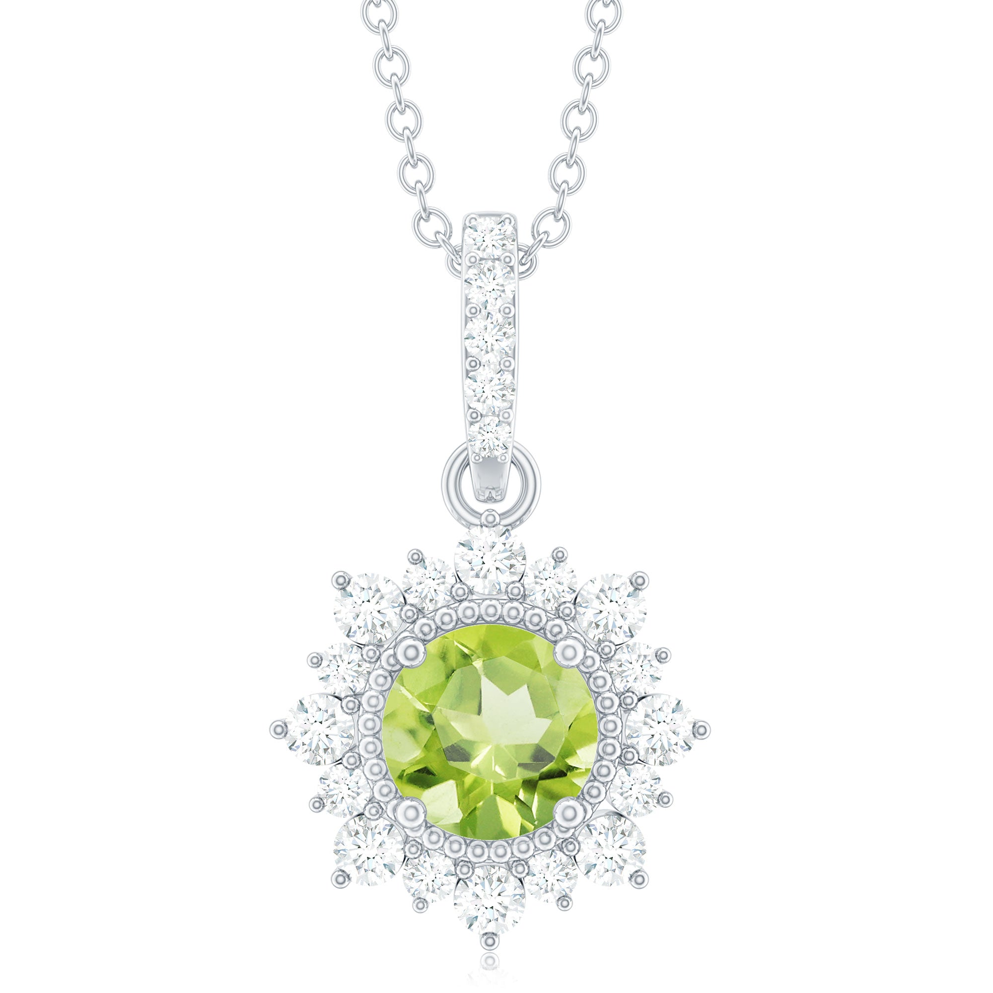 2 Carat Round Cut Peridot Halo Necklace with Diamond Bail