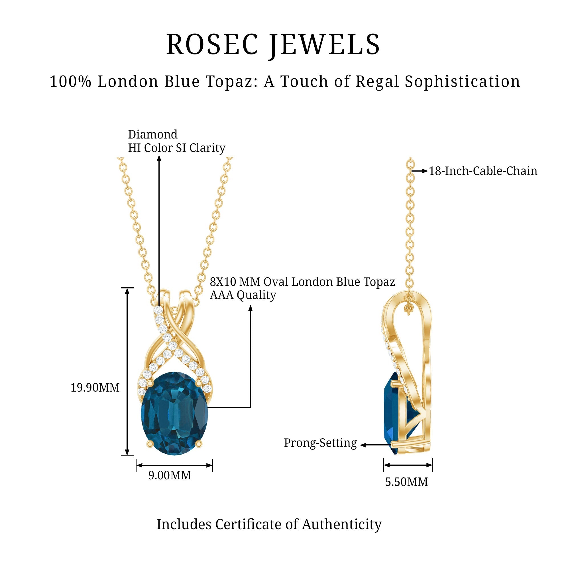 2.5 Carat Oval London Blue Topaz Solitaire Necklace with Diamond Twisted Bail