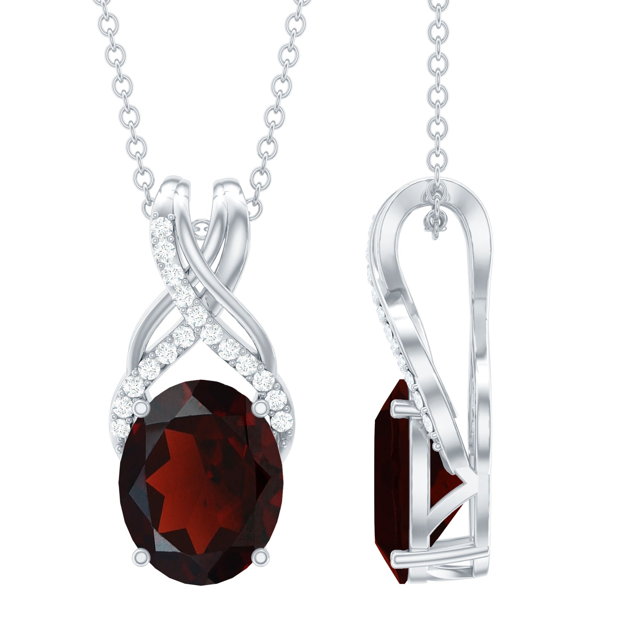 3.6 Carat Oval Shape Garnet Solitaire Twisted Bail Pendant Necklace with Diamond