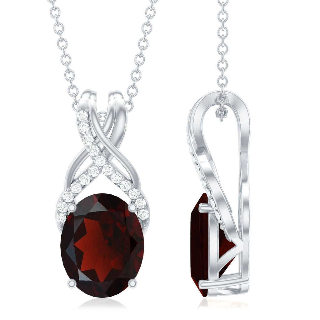3.6 Carat Oval Shape Garnet Solitaire Twisted Bail Pendant Necklace with Diamond